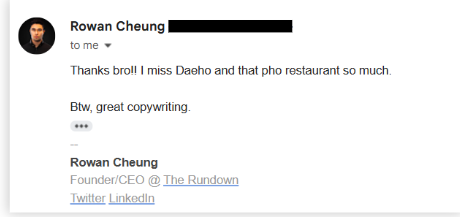 Email reply from Rowan Cheung after reading Nathan's newsletter