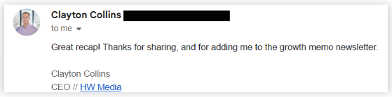 Email reply from Clayton Collins after reading Nathan's newsletter